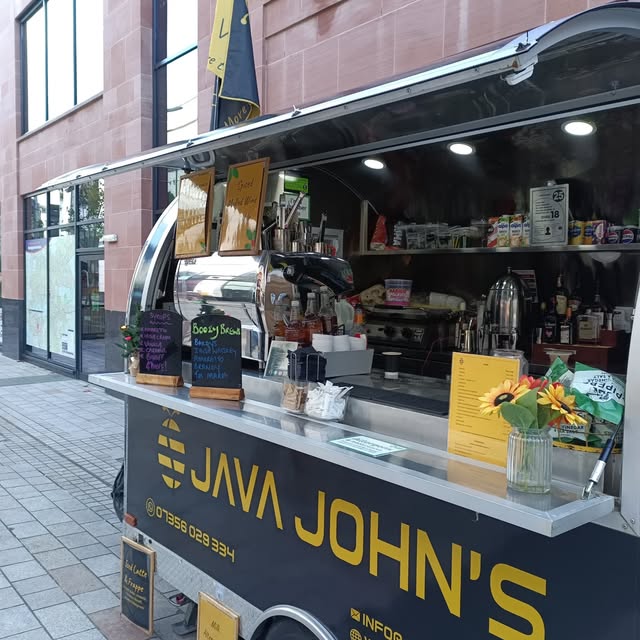 Java John's serving hatch and menu, ready to pour