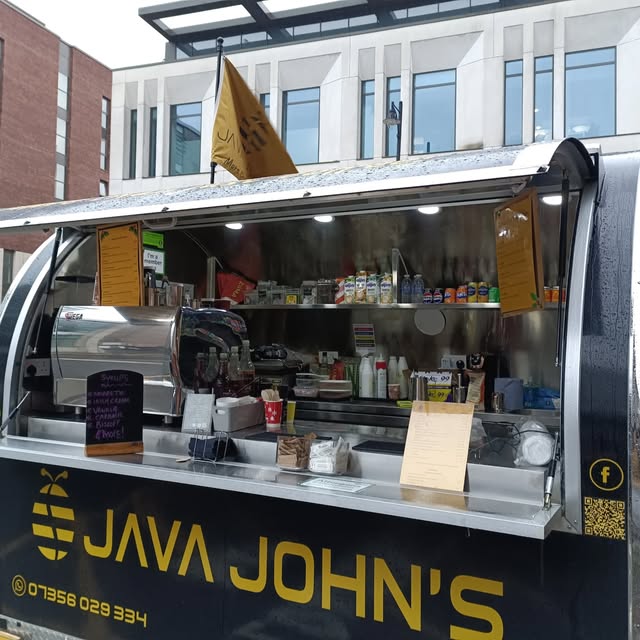 The Java John's coffee van with the serving window open